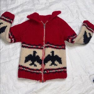 🧡24m Kids red vintage Cowichan sweater with a thunderbird. Gender neutral